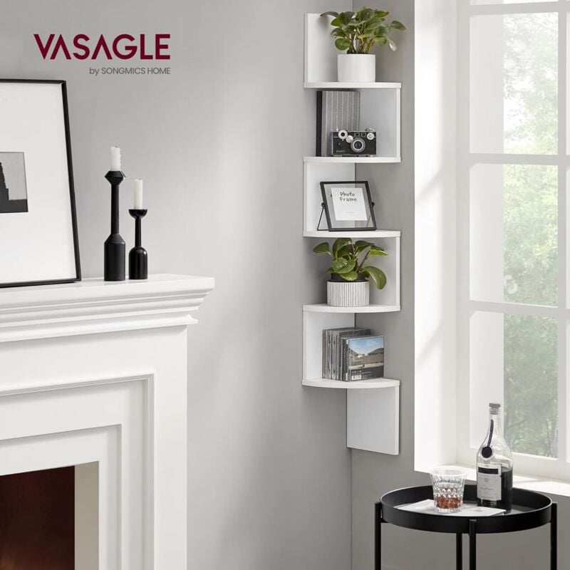 foto del prodotto libreria angolare, mensola angolare da muro, scaffale da parete a 5 ripiani, in camera da letto soggiorno bagno studio, porta piante, bianco nuvola