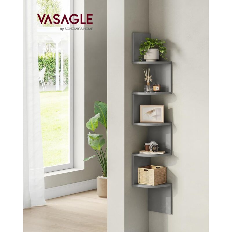 foto del prodotto libreria angolare, mensola angolare da muro, scaffale da parete a 5 ripiani, in camera da letto soggiorno bagno studio, porta piante, grigio tortora