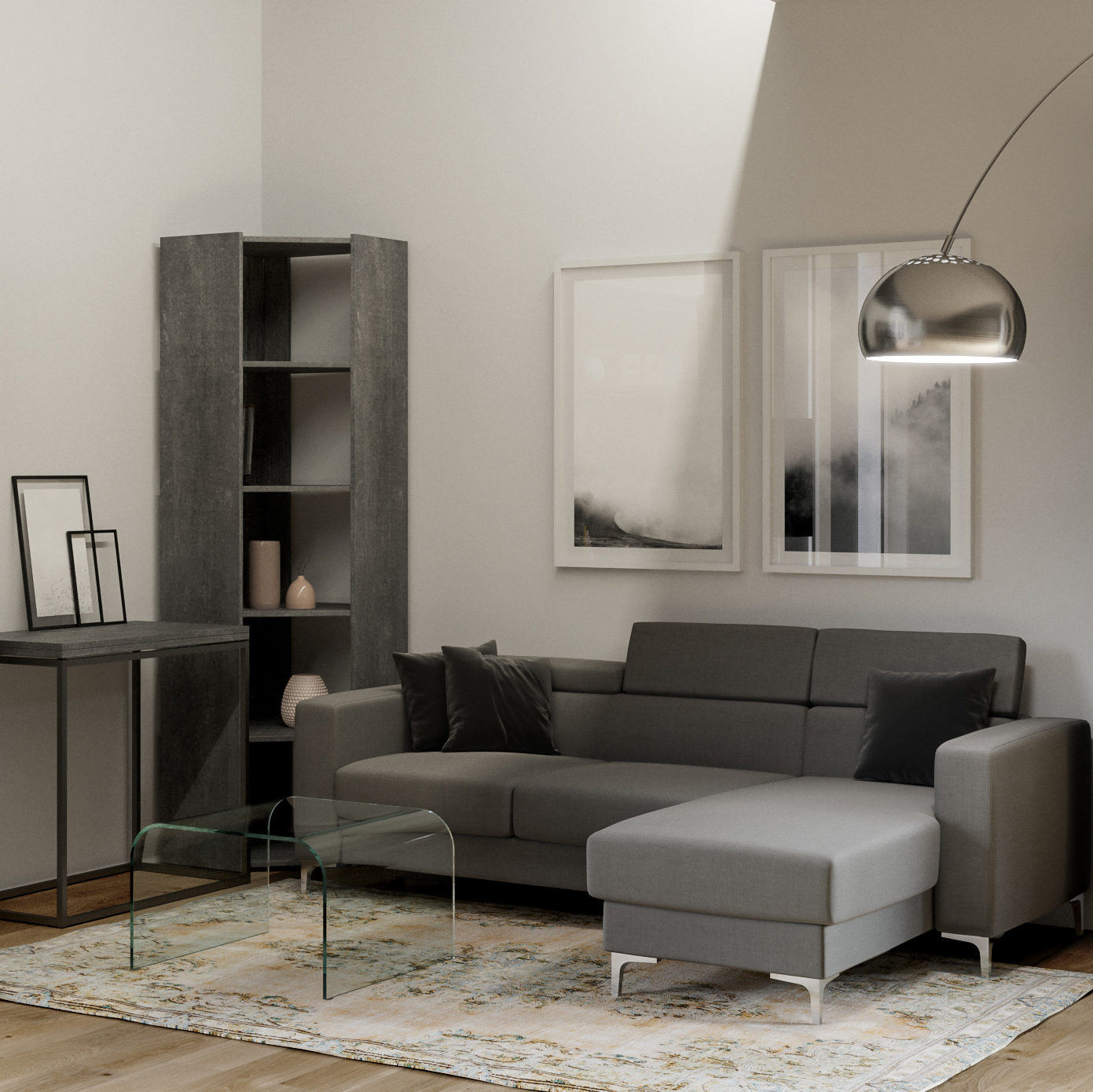 foto del prodotto libreria angolare moderna 5 ripiani 60,3x60,3x205 cm in nobilitato cemento