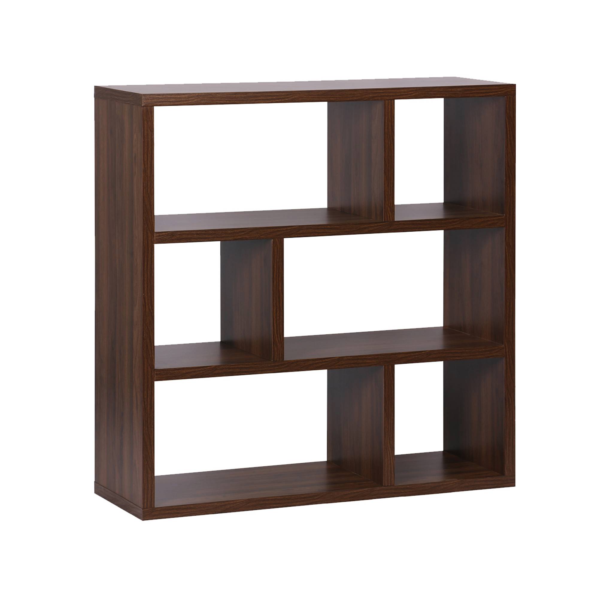 foto del prodotto libreria asimmetrica a 3 livelli con 6 vani, noce