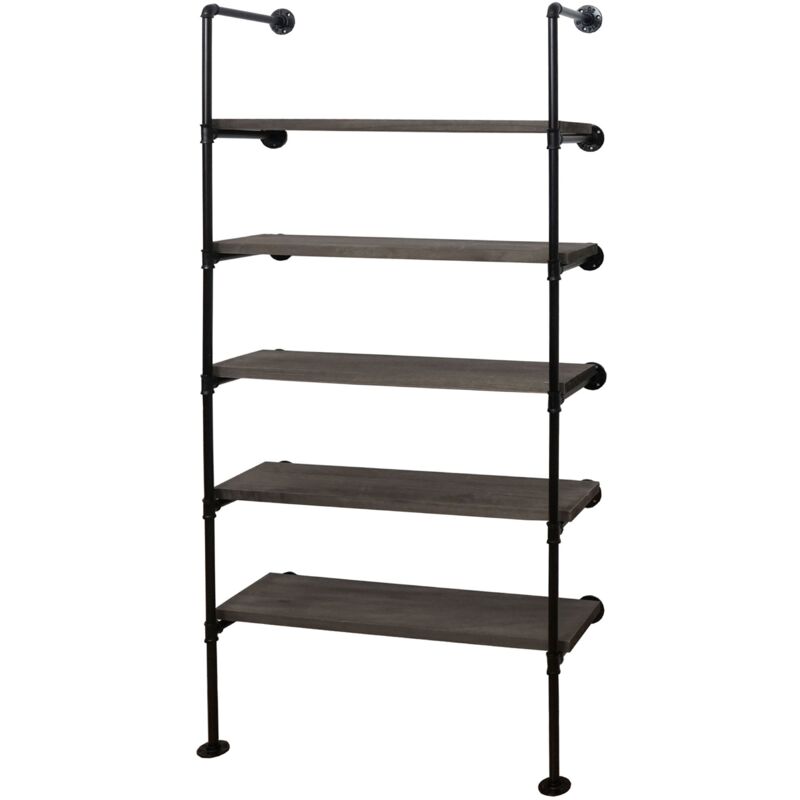 foto del prodotto libreria autoportante design industriale ripiano portaoggetti in legno grigio marrone e metallo 165x80x28 cm 040008691