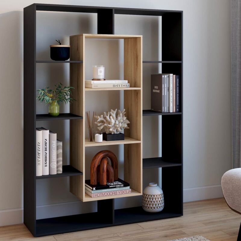 foto del prodotto libreria colette con 11 scomparti neri ed effetto legno h.143 cm