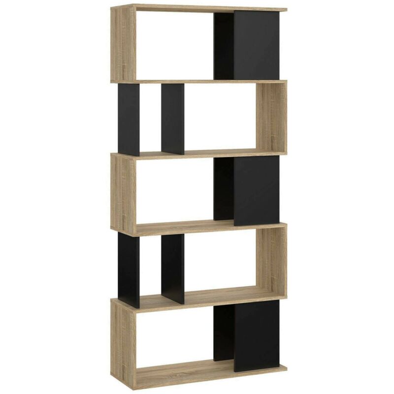 foto del prodotto libreria con cinque ripiani asimmetrici, colore rovere e nero, misure 80 x 175 x 29 cm, con imballo rinforzato dmora