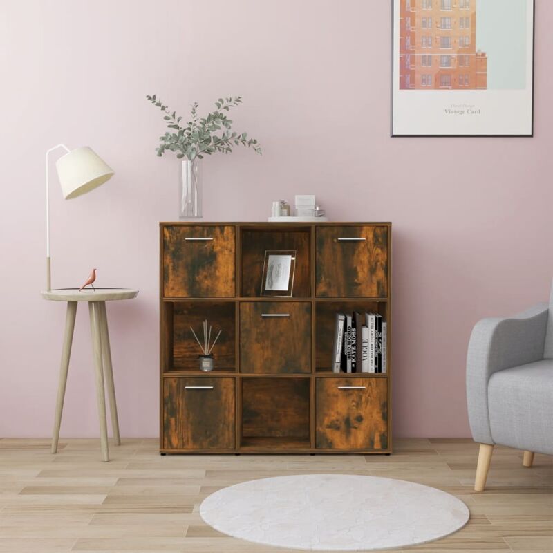 foto del prodotto libreria con design cubico dotata di scomparti aperti e ante vari colori colore marrone fumo