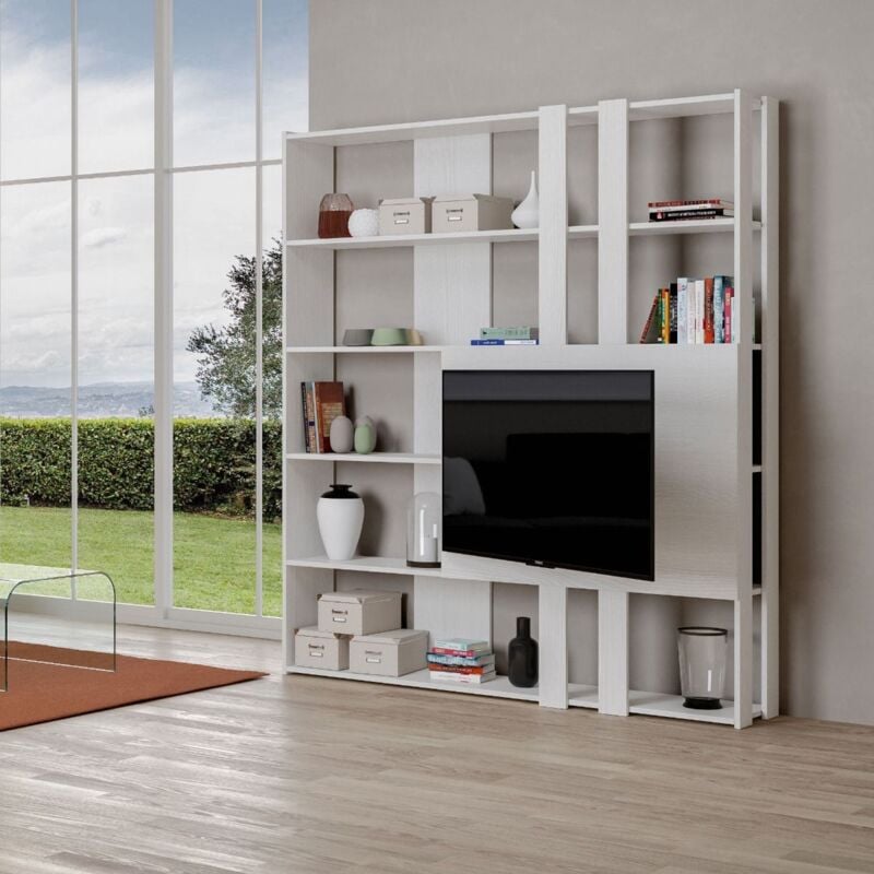 foto del prodotto libreria con porta tv in legno bianco frassino 178x204h cm kato m