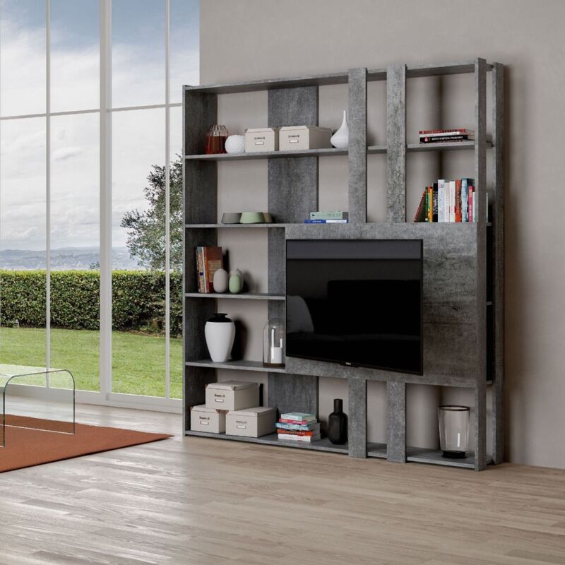foto del prodotto libreria con porta tv in legno cemento 178x204h cm kato m