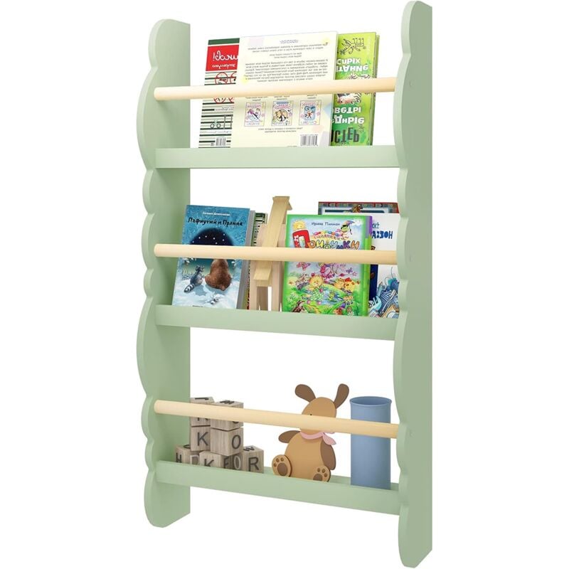 foto del prodotto libreria da parete per bambini. piccola libreria frontale a 3 ripiani verde - woltu