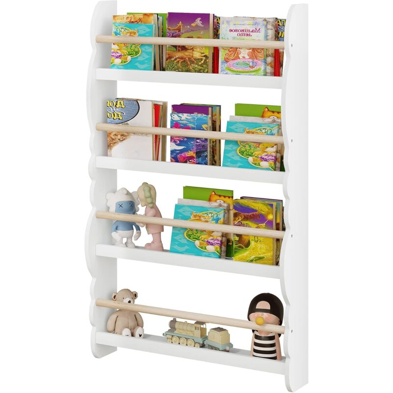 foto del prodotto libreria da parete per bambini. piccola libreria frontale a 4 ripiani in legno. scaffale porta libri a muro per cameretta. bianco woltu