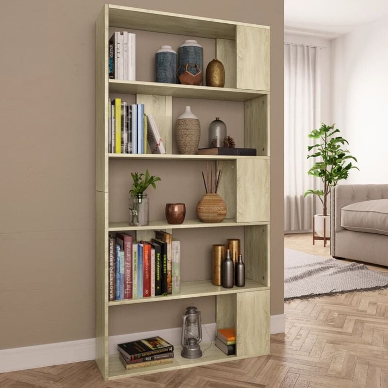 foto del prodotto libreria divisorio con 5 ampi scomparti in legno mobile salotto vari colori colore rovere sonoma
