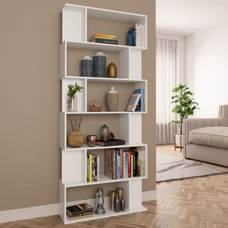 foto del prodotto libreria divisorio con 6 scomparti grandi e 12 piccoli in legno a zig zag vari colori colore bianco