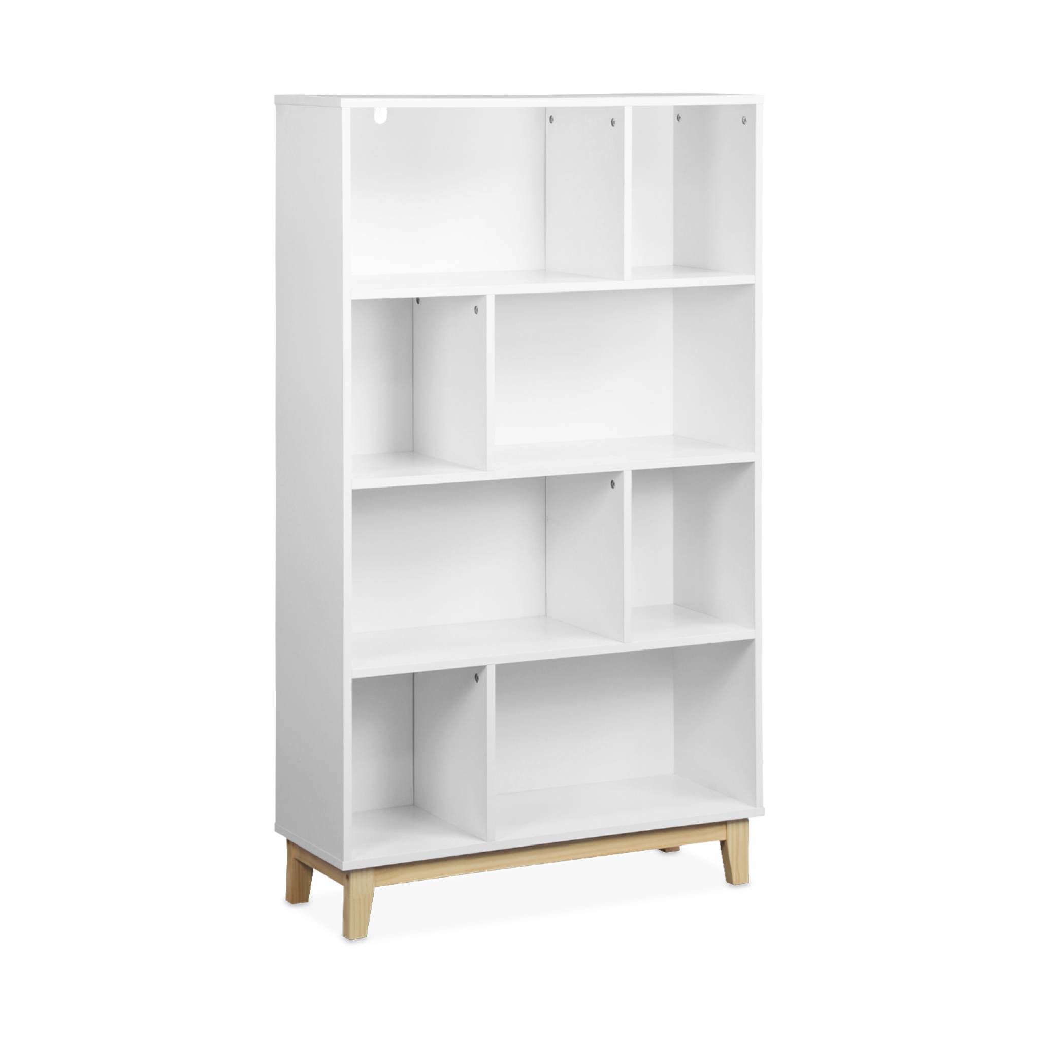 foto del prodotto libreria effetto legno con gambe in legno e 4 ripiani, bianco