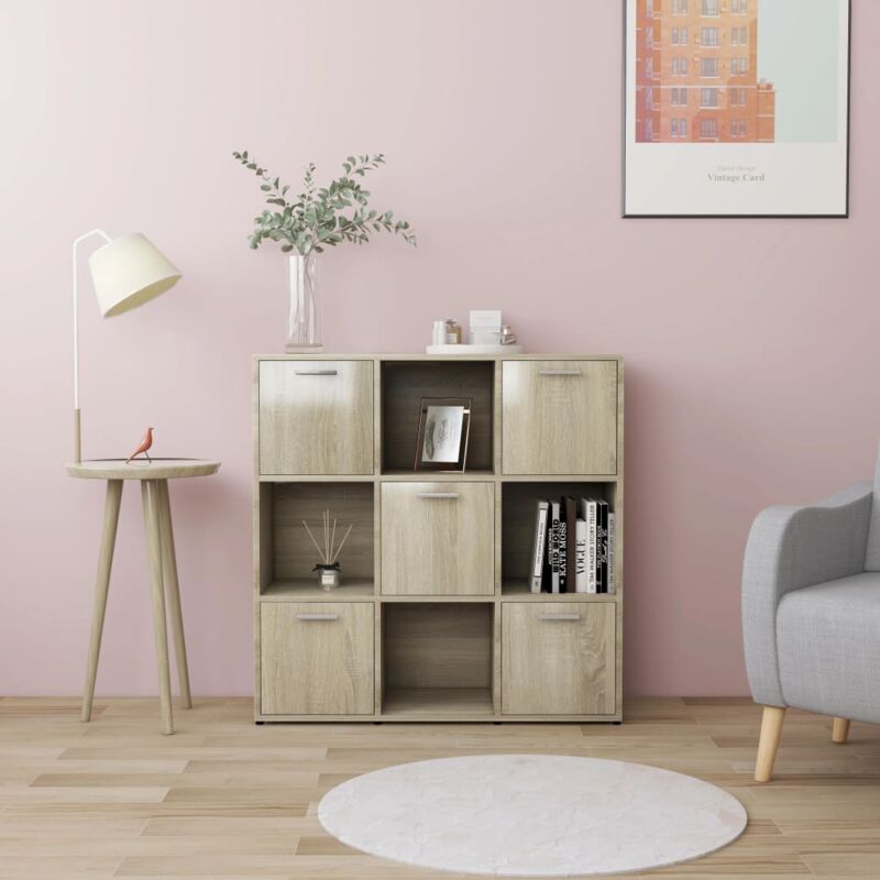 foto del prodotto libreria elegante con scomparti aperti e 5 ante in legno mobile moderno vari colori colore rovere sonoma
