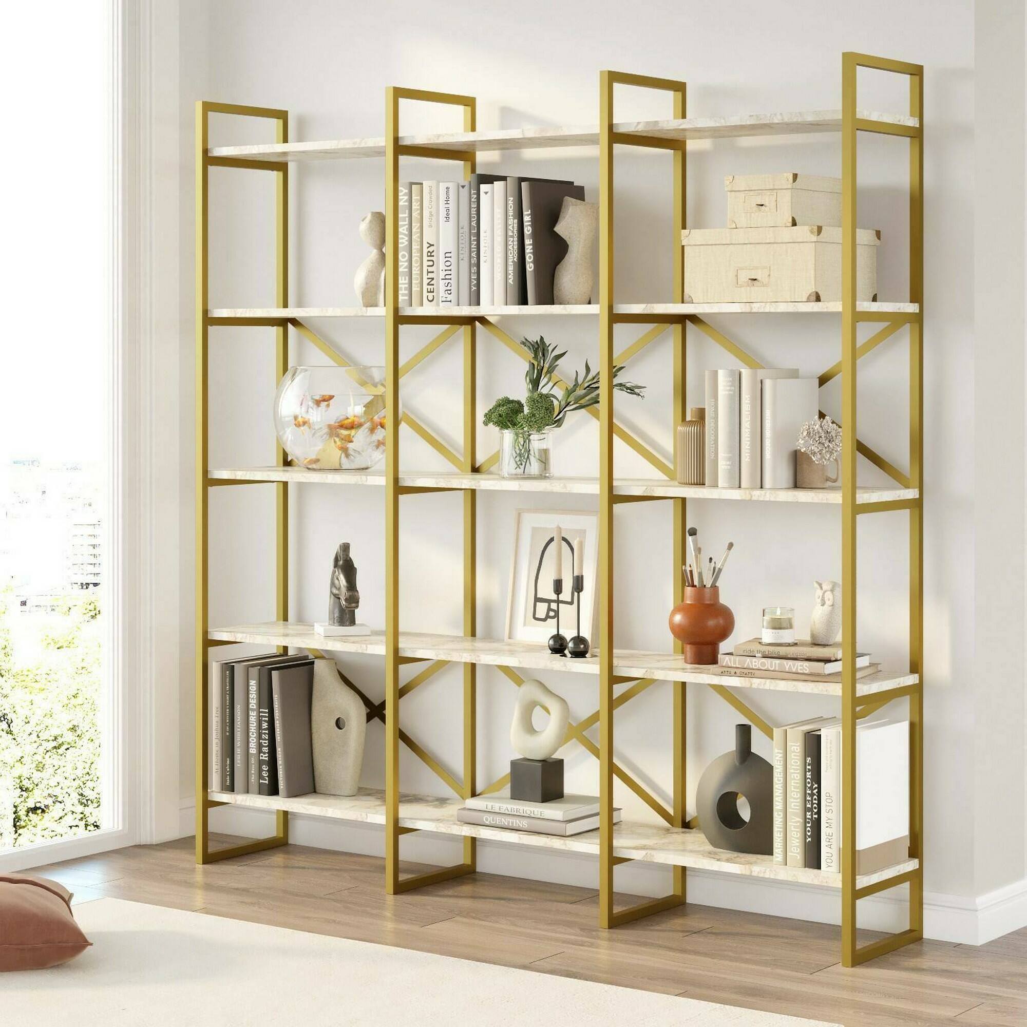 foto del prodotto libreria gauro, scaffale da ufficio, mobile portalibri, biblioteca, 170x30h175 cm, bianco e oro