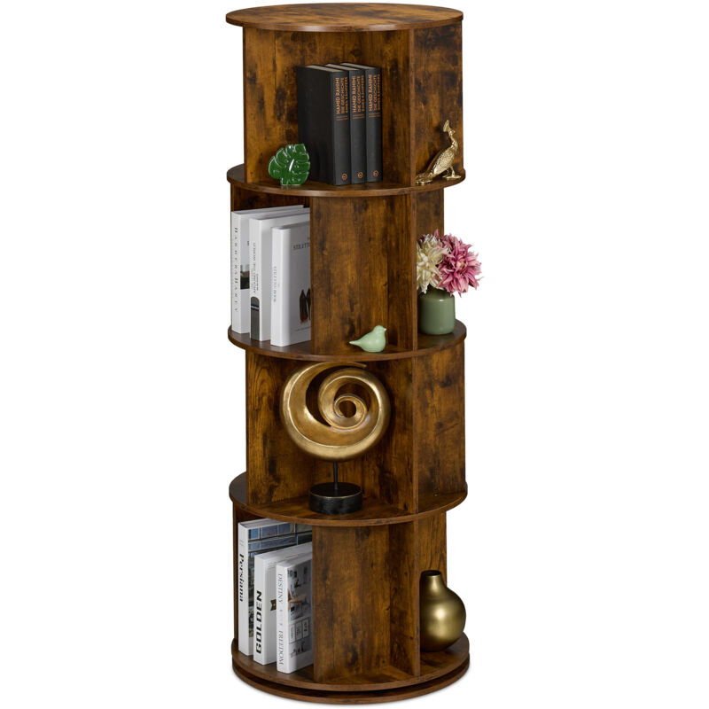 foto del prodotto libreria girevole, 20 scomparti 137x50 cm, scaffale industriale porta libri, cd, dvd, colonna rotante, marrone relaxdays