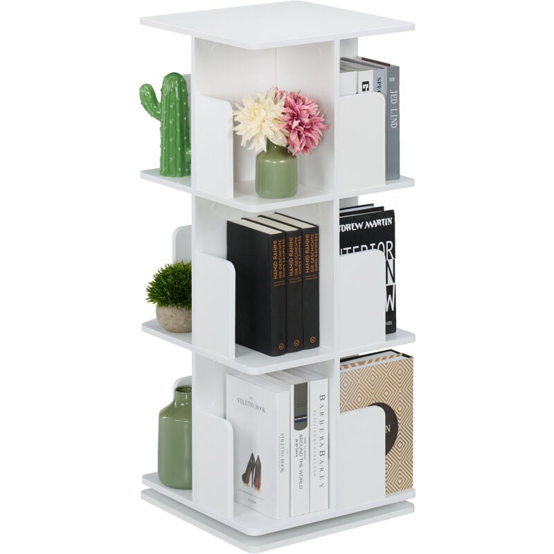 foto del prodotto libreria girevole, 3 ripiani, scaffale porta libri, cd e dvd, torre colonna rotante, hlp 95x39x39 cm, bianco relaxdays