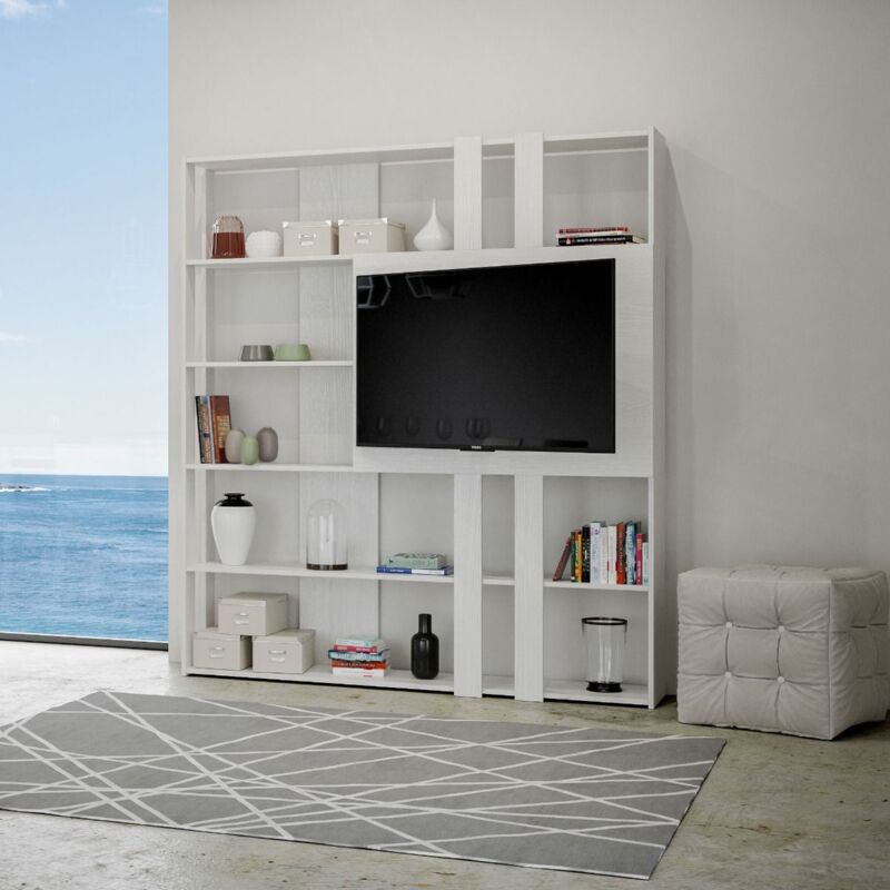 foto del prodotto libreria in legno bianco frassino 178x204h cm con pannello tv kato l