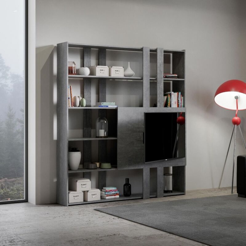 foto del prodotto libreria in legno cemento 178x204h cm con porta tv kato h