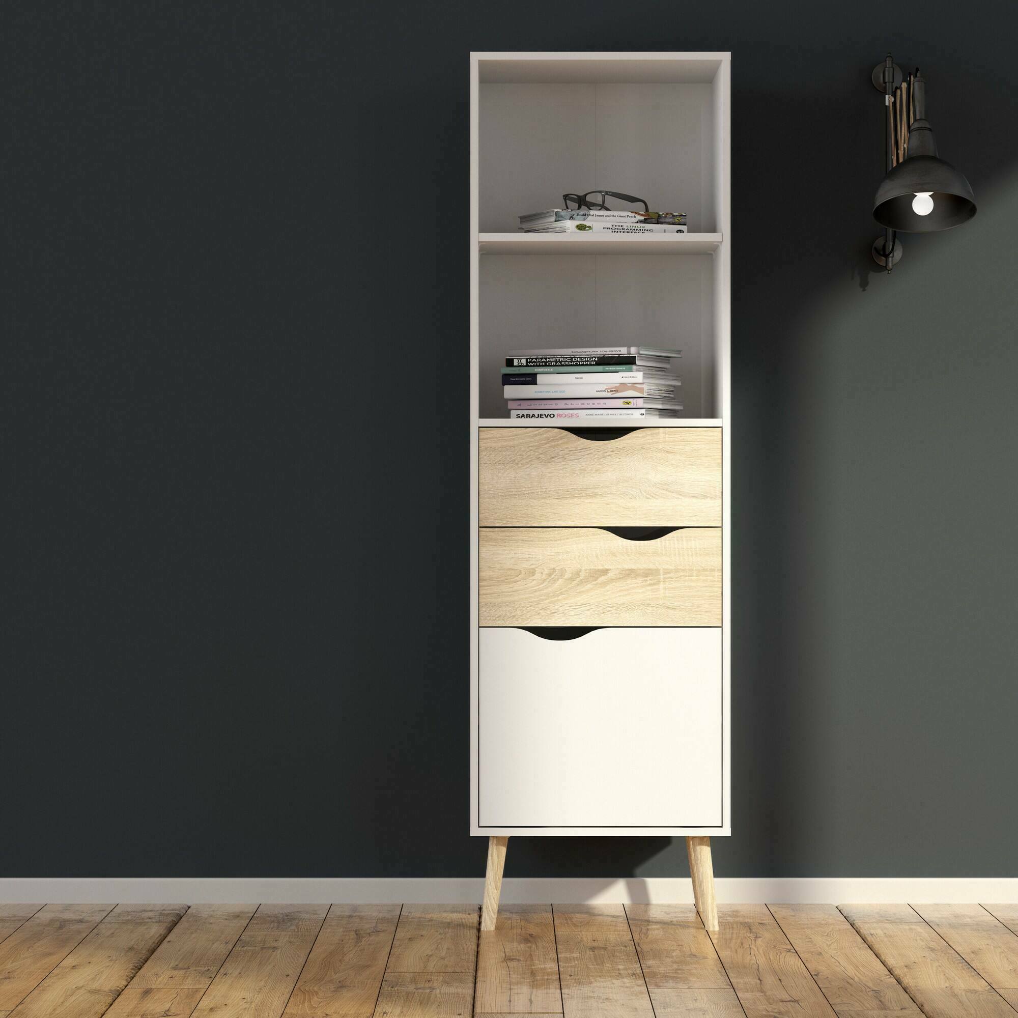 foto del prodotto libreria in stile scandi a due ripiani due cassetti e assesor, colore bianco e rovere, misure 50 x 171 x 39 cm