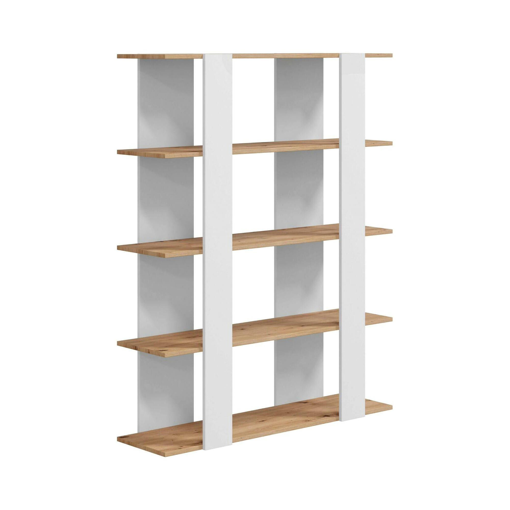 foto del prodotto libreria madreperla, scaffale da ufficio a 5 ripiani, mobile portalibri, biblioteca, 108x31h136 cm, rovere nodi e bianco lucido