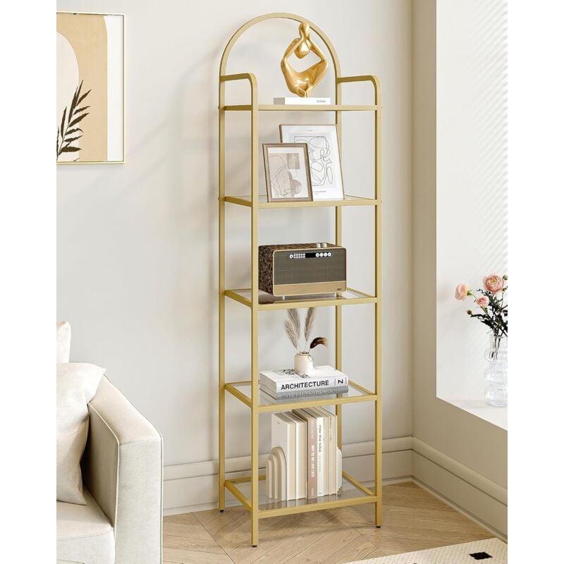 foto del prodotto libreria, mensola scaletta in vetro temperato, oro