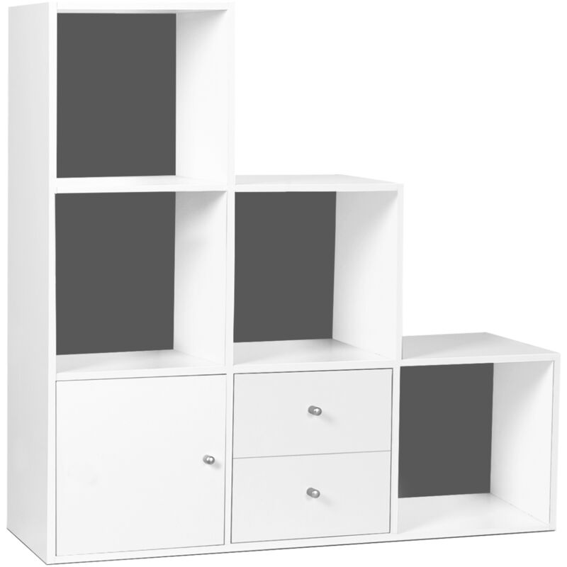 foto del prodotto libreria mobili a forma di scala a 3 livelli in legno bianco con sfondo grigio con anta e cassetti liam