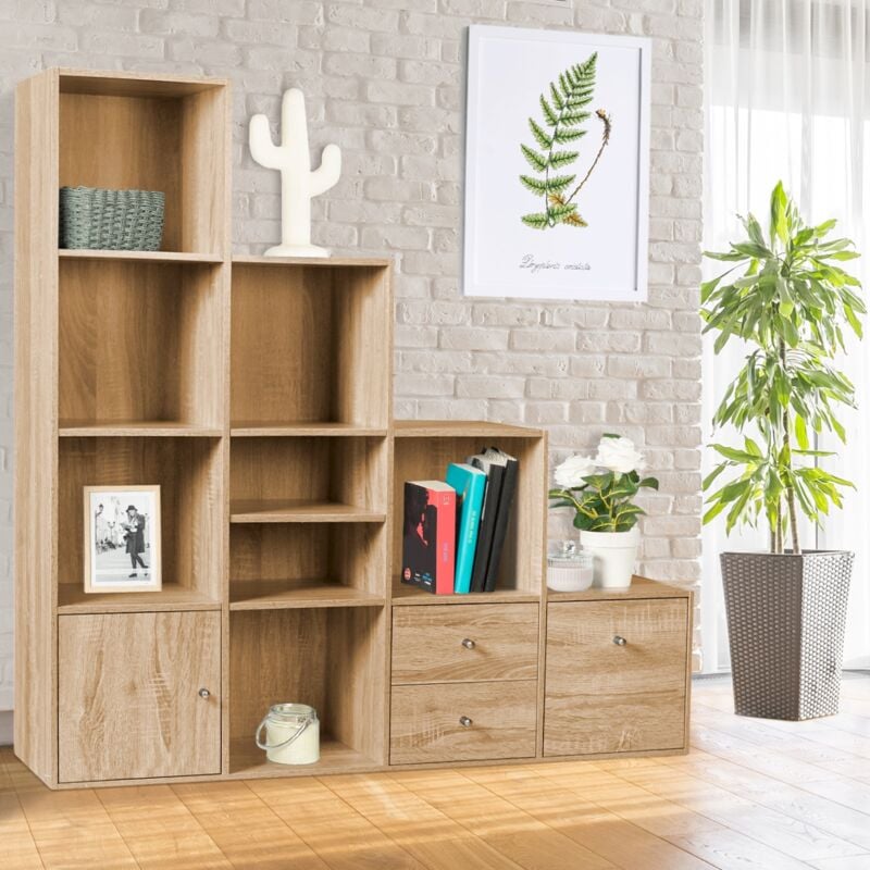 foto del prodotto libreria mobili a forma di scala a 4 livelli, look faggio con anta e cassetti liam