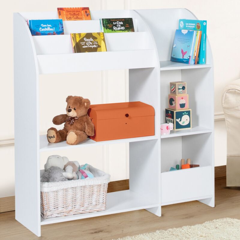 foto del prodotto libreria, mobili contenitori in legno bianco con ripani, scaffale per giocattoli per bambini emma