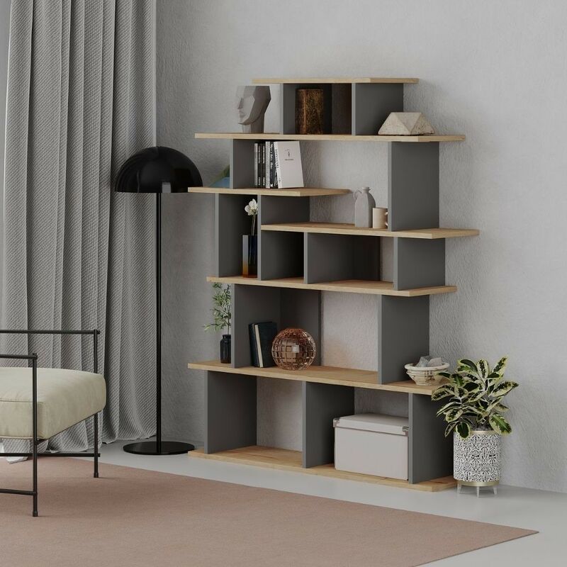 foto del prodotto libreria moderna 120 cm di design in legno colore rovere e antracite apollon