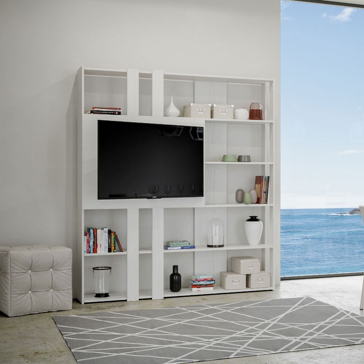 foto del prodotto libreria moderna 5 ripiani con pannello per tv 178x36x204 cm in nobilitato bianco