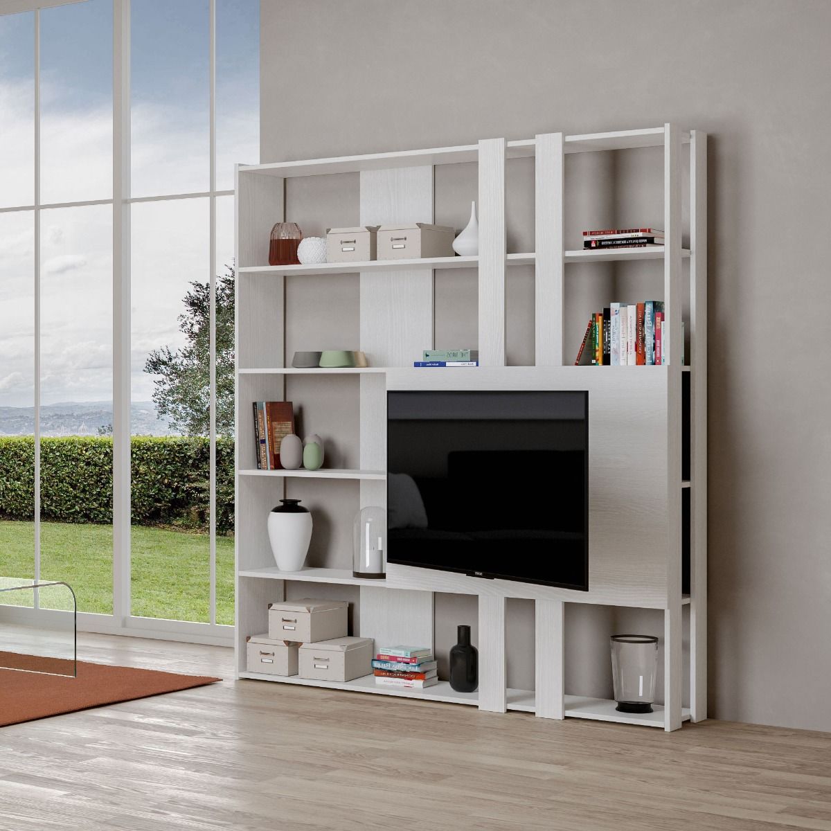 foto del prodotto libreria moderna 5 ripiani con pannello per tv 178x36x204 cm in nobilitato bianco