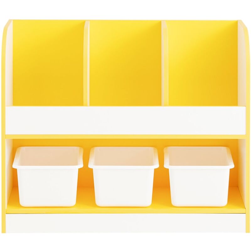 foto del prodotto libreria montessoriana per bambini scaffale portagiochi con 3 cestini di plastica portariviste bianco giallo 70x30x58cm kmb107 g sobuy