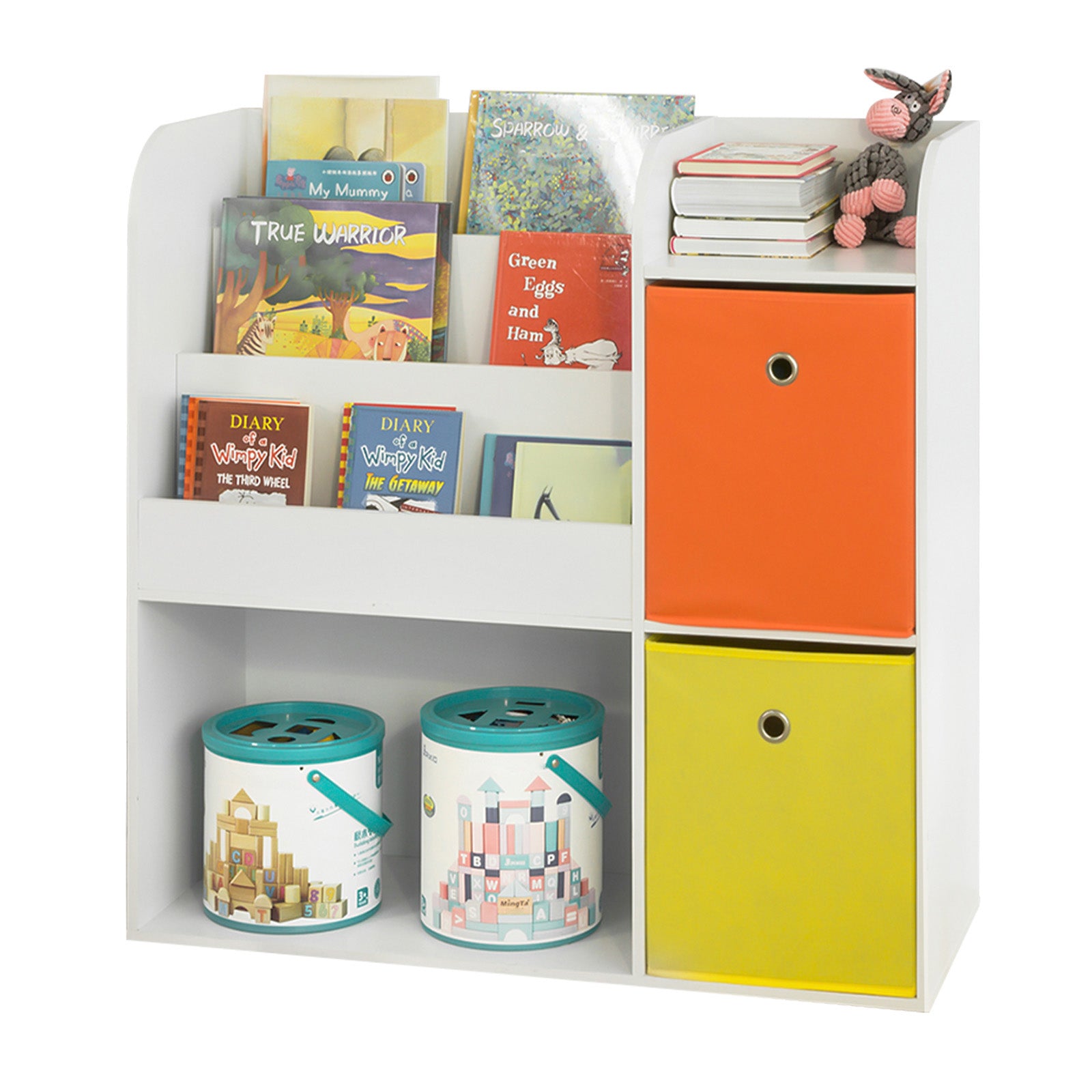 foto del prodotto libreria montessoriana per bambini scaffale portagiochi portariviste 3 scaffali+2 ripiani+2 cestini kmb37-w