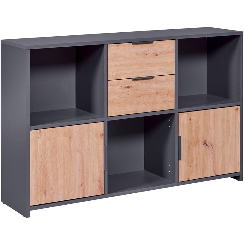 foto del prodotto libreria pepeto 2 porte 2 cassetti 120x30x77cm laminato grigio e quercia artisan