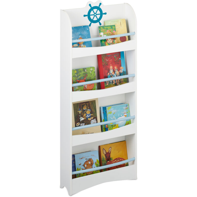 foto del prodotto libreria per bambini, 124 x 50,5 x 15 cm, scaffale a 4 scomparti porta libri, cameretta bimbi, mdf, bianco blu relaxdays