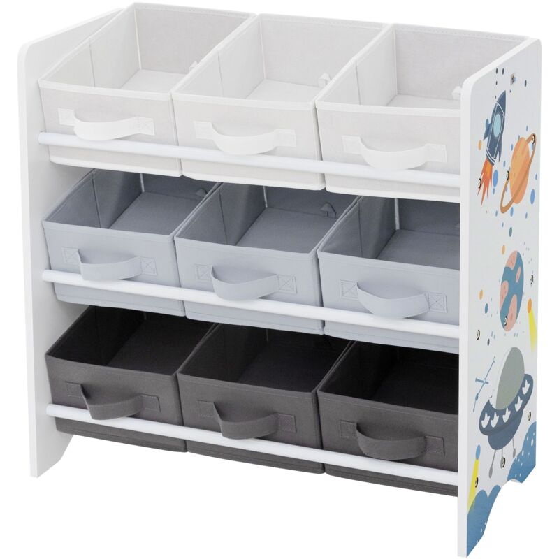 foto del prodotto libreria per bambini 62,5 x 29,5 x 60 cm scaffale con 3 ripiani organizzatore per giocatoli con 9 scatole in tessuto mobiletto per la stanzina dei
