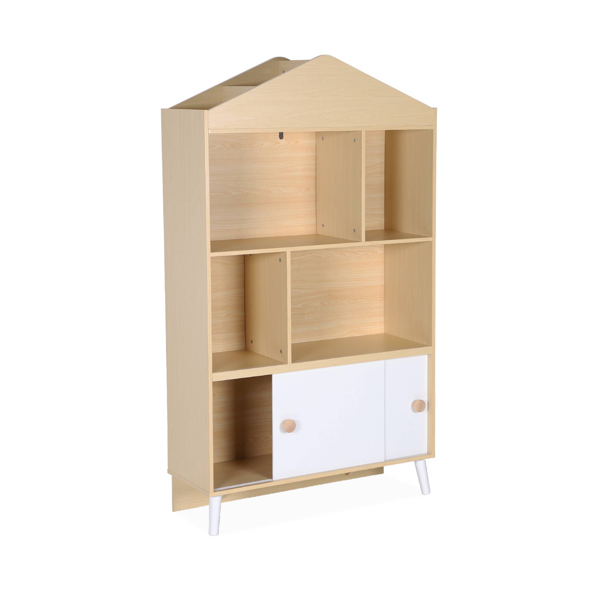 foto del prodotto libreria per bambini a 2 ante, scaffali, bianco e naturale