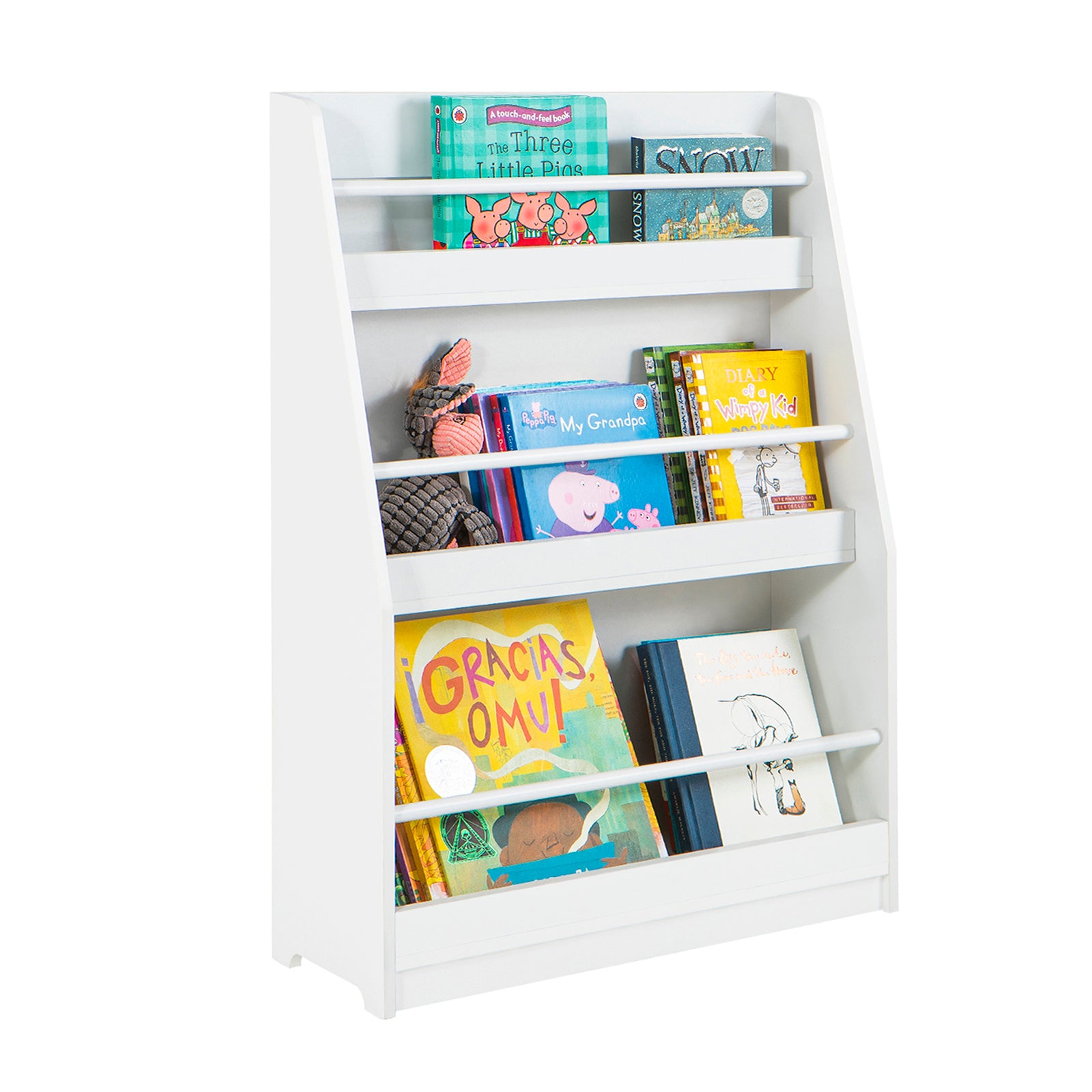 foto del prodotto libreria per bambini con 3 ripiani scaffale per giocattoli scaffale per bambini organizzatore di giocattoli portaoggetti bianco, kmb45 w