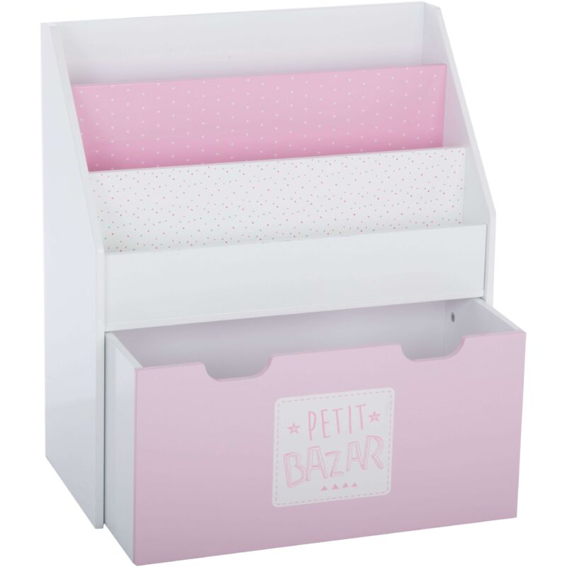 foto del prodotto libreria per bambini con cassetto e ruote per ragazzi e ragazze, 2 ripiani, contenitore a pi livelli, bianco e rosa, 62,5 cm
