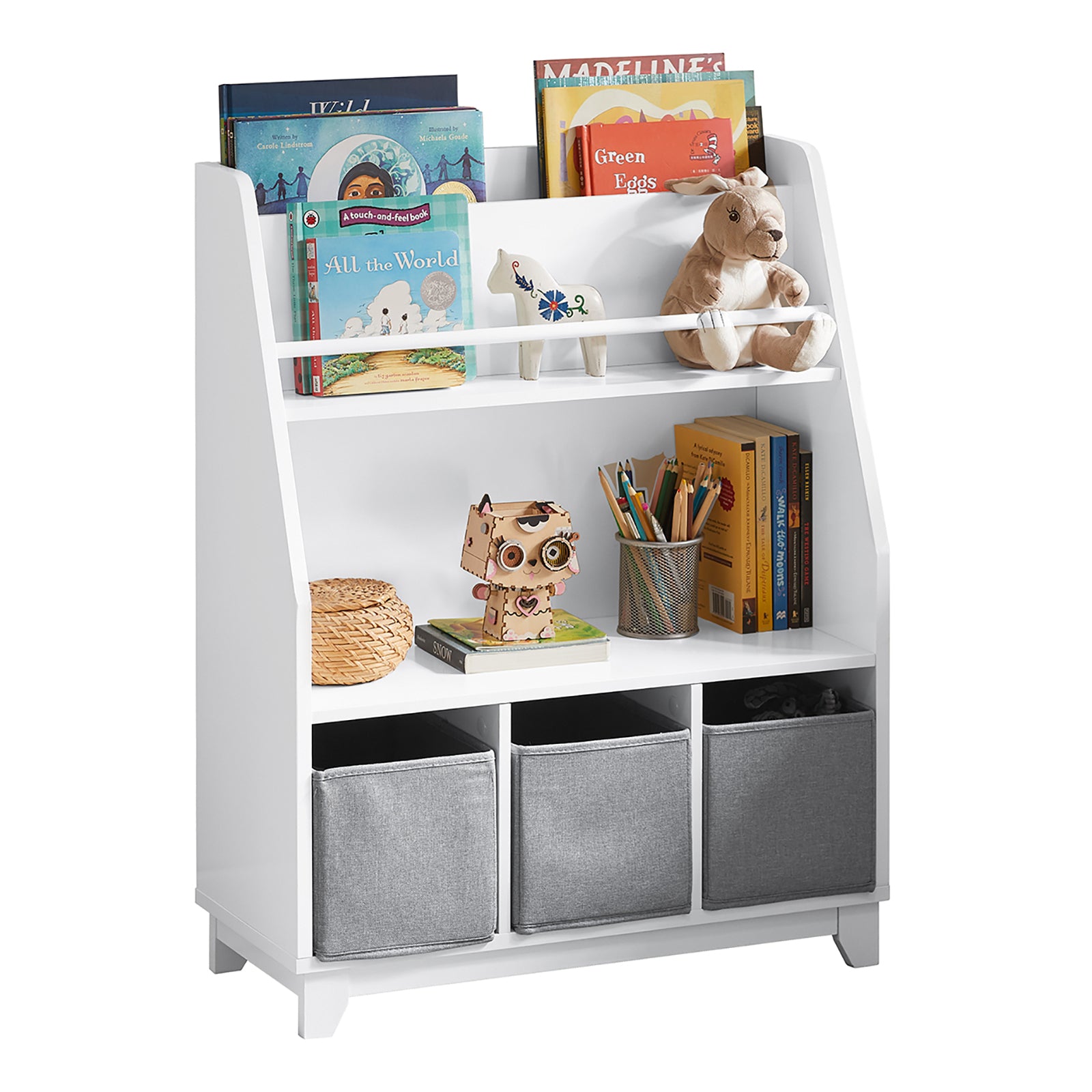foto del prodotto libreria per bambini con vani portaoggetti e 3 scatole scaffale per giocattoli scaffale per bambini organizzatore di giocattoli 63x28x80 cm grigio kmb34 w