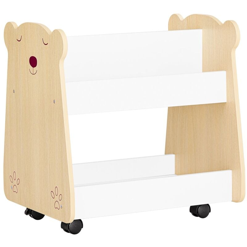 foto del prodotto libreria per bambini scaffale con 2 ripiani e 4 ruote scaffale portaoggetti bianco naturale 50x40x53cm kmb103 wn