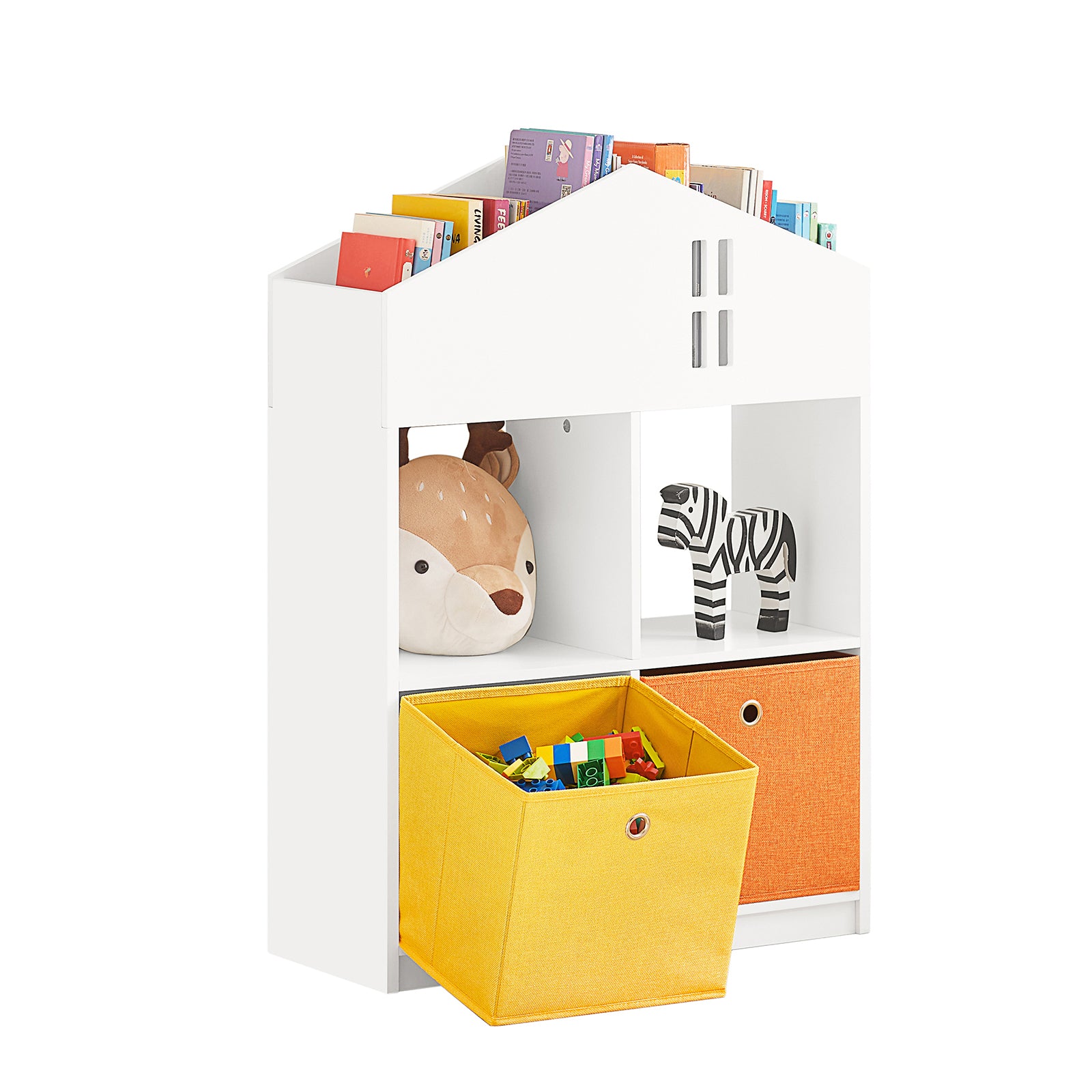 foto del prodotto libreria per bambini scaffale per bambini con 2 scatole in tessuto organizer per giocattoli bianco kmb49-w