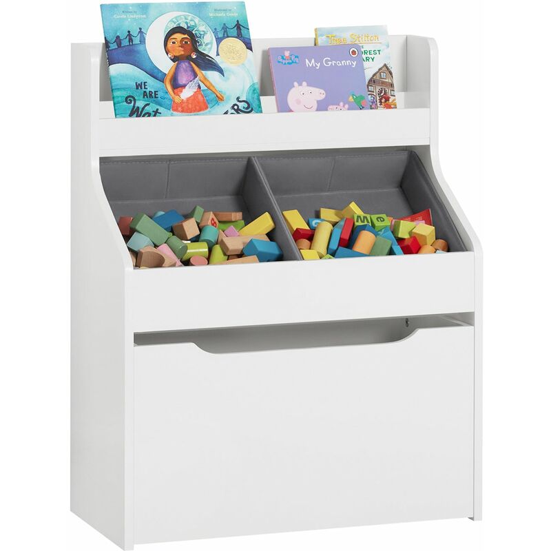 foto del prodotto libreria per bambini scaffale per giocattoli con 2 scatole in tessuto mobili per camerette bianco 63x32x80cm kmb71 w