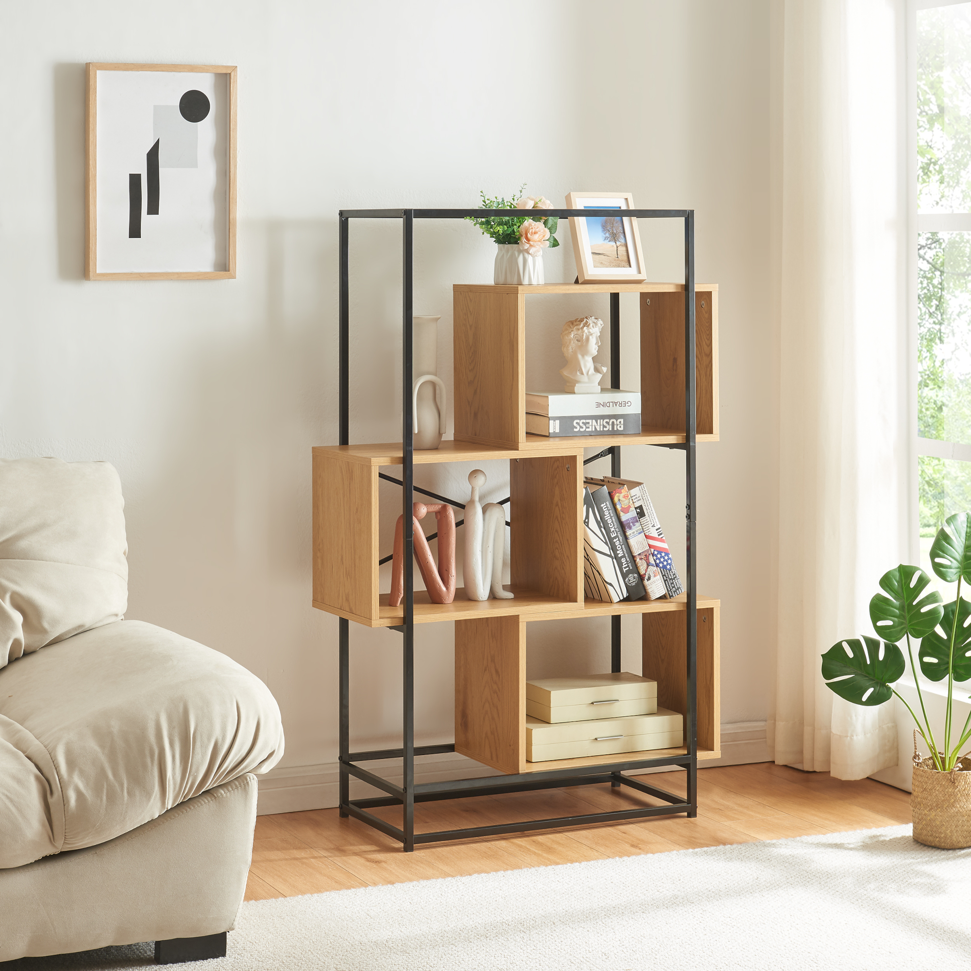 foto del prodotto libreria rennebu con 3 scomparti aperti effetto rovere nero en.casa 