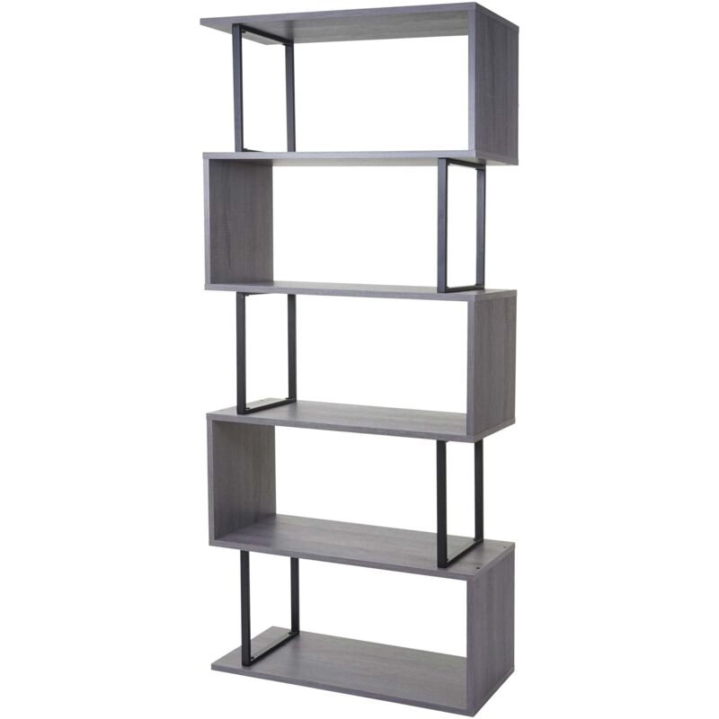 foto del prodotto libreria scaffale 3d mdf hhg 091 5 ripiani 30x80x183cm legno metallo grigio