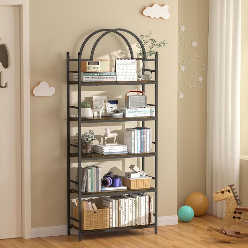 foto del prodotto libreria scaffale a 5 ripiani scaffalatura in metallo e legno industriale espositore per soggiorno cucina 76x26x194,5cm