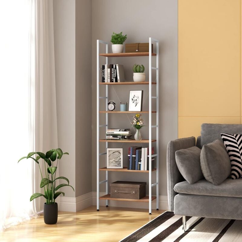 foto del prodotto libreria scaffale a 6 ripiani scaffalatura fioriera porta in metallo legno legno bianco woltu