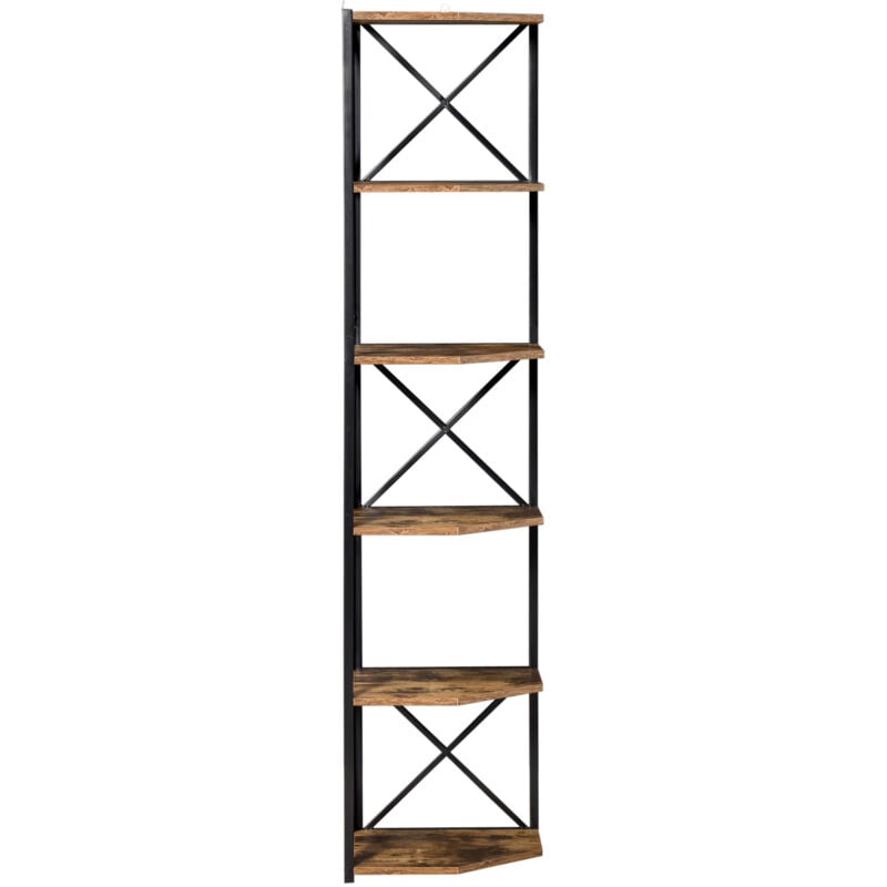 foto del prodotto libreria scaffale angolare a muro stile industriale con 5 ripiani marrone homcom