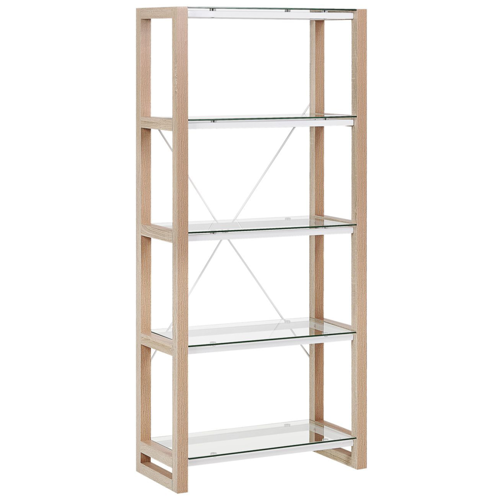 foto del prodotto libreria scaffale in vetro legno bianco e legno chiaro scaffale autoportante design scandinavo