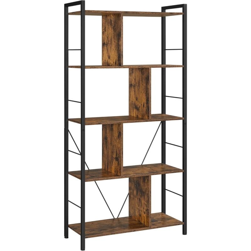 foto del prodotto libreria, scaffale portaoggetti a 5 ripiani, organizzatore per studio ufficio, con scomparti aperti per soggiorno, in stile industriale, marrone
