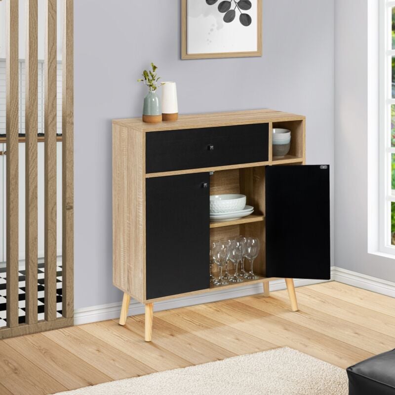 foto del prodotto libreria scandinavo in legno e nero con armadio e cassetto emmie
